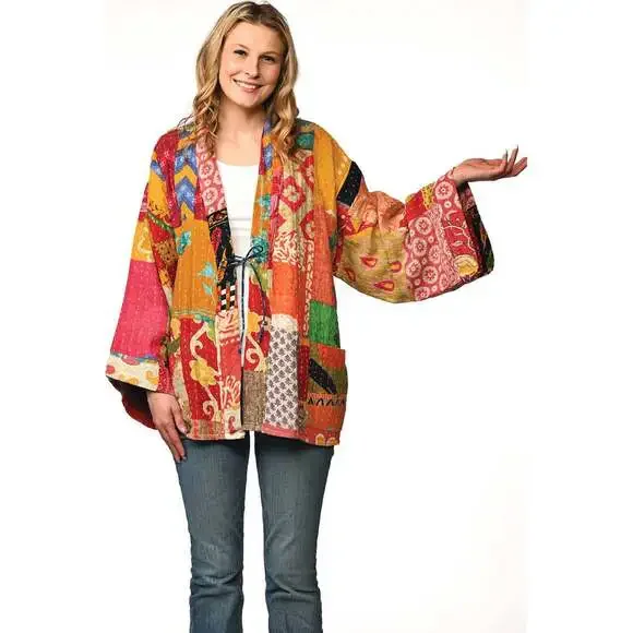 Sevya Handmade - Reversible Cotton Kantha Kimono Jacket - OS - Picture 10 of 12